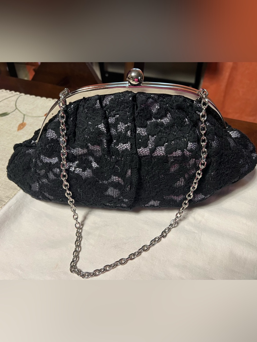 Poppie Jones Black Lace Clutch with Silver Chain